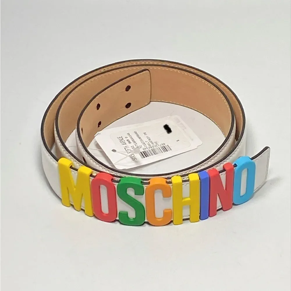 Moschino Multicolor Logo Buckle Leather Belt size 50/34”